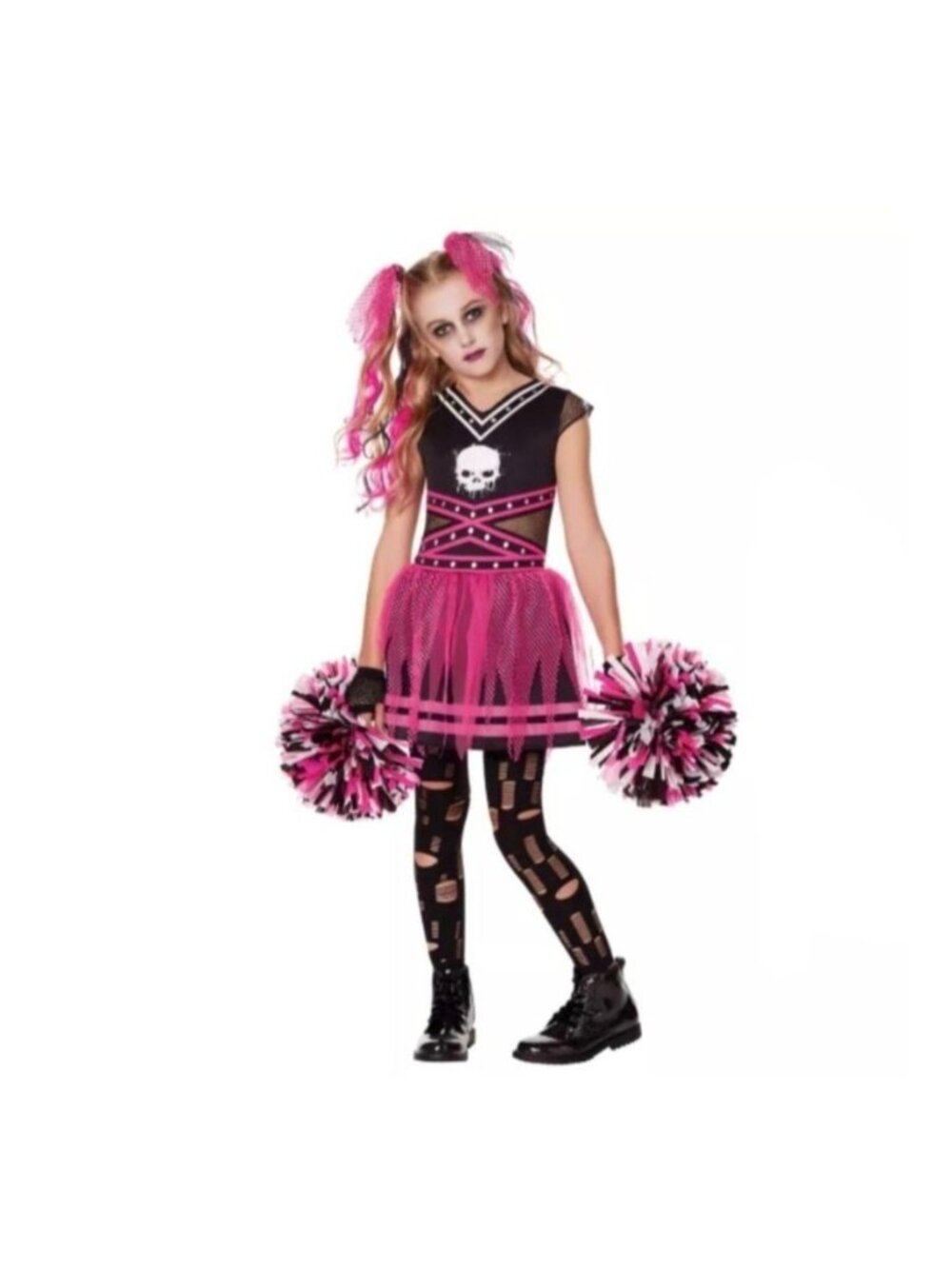 Girls Chilling Cheerleader Costume M 8-10 Deluxe Complete Halloween Outfit Poms